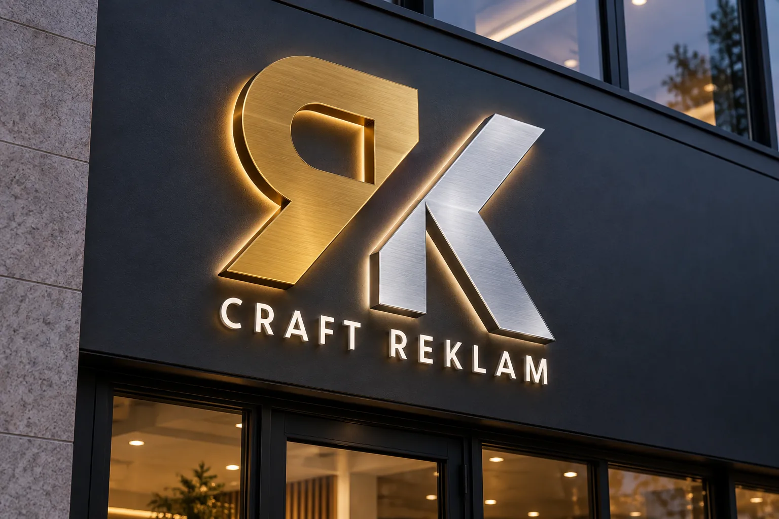 Designkoncept: upplyst RK-skylt i guld och krom över en butiksentré i mörk fasad